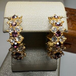 Vintage Swarovski SAL Gold Tone Purple & Clear Crystal Hoop Earrings